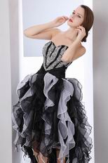High Low Ruffled Skirt Black And White Organza Prom Dress With Beading