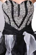 High Low Ruffled Skirt Black And White Organza Prom Dress With Beading