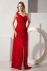 One Shoulder Rosette Dark Red Prom Dress Design With Sexy Split