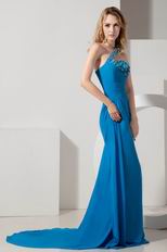 Cheap One Shoulder Court Train Blue Celebrity Prom Dresses