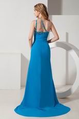 Cheap One Shoulder Court Train Blue Celebrity Prom Dresses