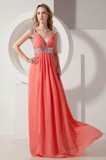 Inexpensive Straps Floor Length Watermelon Chiffon Prom Dress