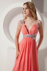 Inexpensive Straps Floor Length Watermelon Chiffon Prom Dress