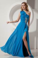 Unique One Shoulder Neck Blue Prom Dresses With A-line Split Skirt