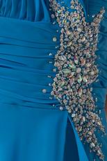 Unique One Shoulder Neck Blue Prom Dresses With A-line Split Skirt