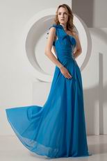 Unique One Shoulder Neck Blue Prom Dresses With A-line Split Skirt