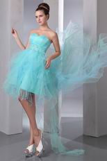 Beautiful High Low Style Aqua Blue Prom Dress With Beading Belt