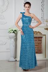 Blinking One Shoulder Sequin Fabric Blue Prom Party Dress