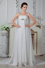 Square Neck Beaded Straps White Chiffon Prom Dress By Designer