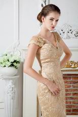 Sexy V Neck Dark Champagne Lace Prom Party Dress With Cap Sleeves