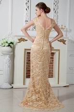 Sexy V Neck Dark Champagne Lace Prom Party Dress With Cap Sleeves