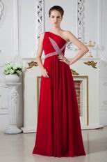 One Shoulder Wine Red Chiffon Prom Dresses With Beading