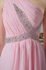 One Shoulder Beading Decorate Pink Chiffon Evening Prom Dress