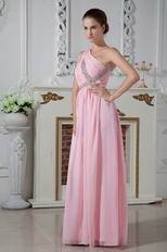 One Shoulder Beading Decorate Pink Chiffon Evening Prom Dress