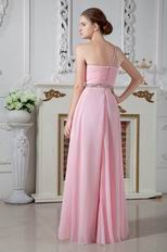 One Shoulder Beading Decorate Pink Chiffon Evening Prom Dress