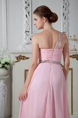 One Shoulder Beading Decorate Pink Chiffon Evening Prom Dress