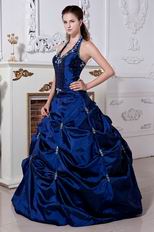 Best Halter Corset Dark Blue Prom Ball Gown With Embroidery