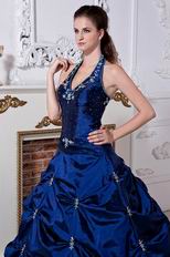 Best Halter Corset Dark Blue Prom Ball Gown With Embroidery