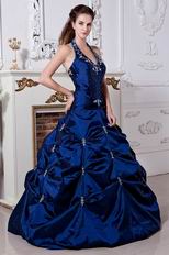 Best Halter Corset Dark Blue Prom Ball Gown With Embroidery