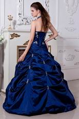 Best Halter Corset Dark Blue Prom Ball Gown With Embroidery