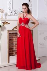 Halter Top Appliques Empire Red Chiffon 2014 Prom Dress