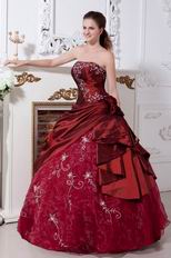 Burgundy Taffeta Prom Ball Gown With Embroidery Emberllishments