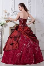 Burgundy Taffeta Prom Ball Gown With Embroidery Emberllishments