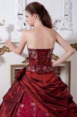 Burgundy Taffeta Prom Ball Gown With Embroidery Emberllishments