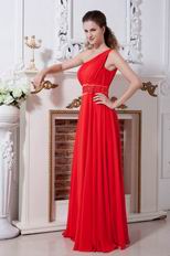 One Shoulder Floor Length Red Chiffon Skirt Prom Party Dress