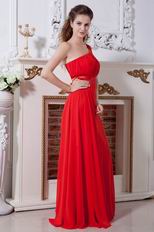 One Shoulder Floor Length Red Chiffon Skirt Prom Party Dress