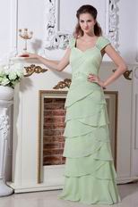 Straps Spring Green V-Neck Layers Skirt Chiffon Fabric Prom Dress