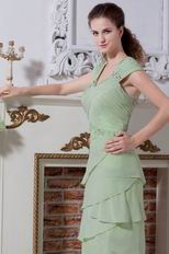 Straps Spring Green V-Neck Layers Skirt Chiffon Fabric Prom Dress