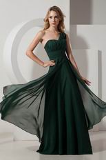 Designer One Shoulder Dark Green Chiffon Prom Party Dress Pretty