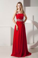 Dark Red One Shoulder A-line Prom Dress With Beading Belt