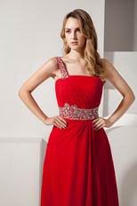 Dark Red One Shoulder A-line Prom Dress With Beading Belt