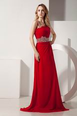 Dark Red One Shoulder A-line Prom Dress With Beading Belt