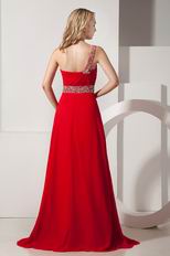 Dark Red One Shoulder A-line Prom Dress With Beading Belt
