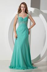 Beaded Straps Turquoise Blue Chiffon Prom Celebrity Dress