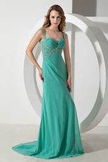 Beaded Straps Turquoise Blue Chiffon Prom Celebrity Dress