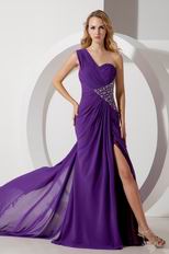 One Shoulder Panel Purple Chiffon With Split Prom Dresses Beautiful