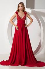 Sexy Wide Straps Beaded A-line Wine Red Chiffon Prom Gown Dress