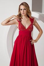 Sexy Wide Straps Beaded A-line Wine Red Chiffon Prom Gown Dress