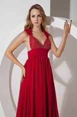Sexy Wide Straps Beaded A-line Wine Red Chiffon Prom Gown Dress