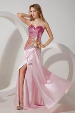 Unique Spaghetti Straps Colorful Sequin Pink Prom Dress With Split