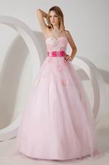 2014 Sweetheart Neck Pink Net Prom Dress With Fuchsia Belt