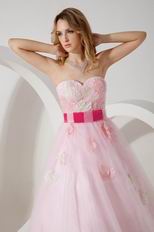 2014 Sweetheart Neck Pink Net Prom Dress With Fuchsia Belt