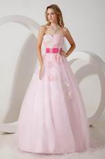 2014 Sweetheart Neck Pink Net Prom Dress With Fuchsia Belt