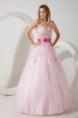 2014 Sweetheart Neck Pink Net Prom Dress With Fuchsia Belt