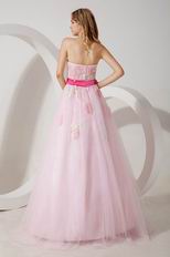 2014 Sweetheart Neck Pink Net Prom Dress With Fuchsia Belt