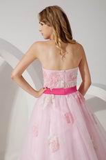 2014 Sweetheart Neck Pink Net Prom Dress With Fuchsia Belt
